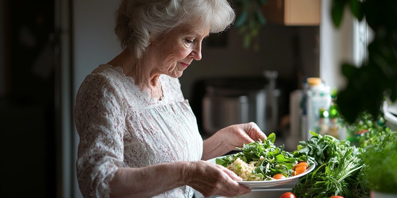 elderly lady preparing a healthy plate of food