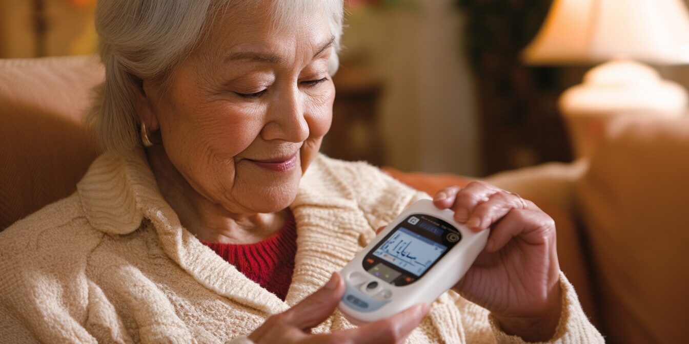 elderly lady using glucose monitor